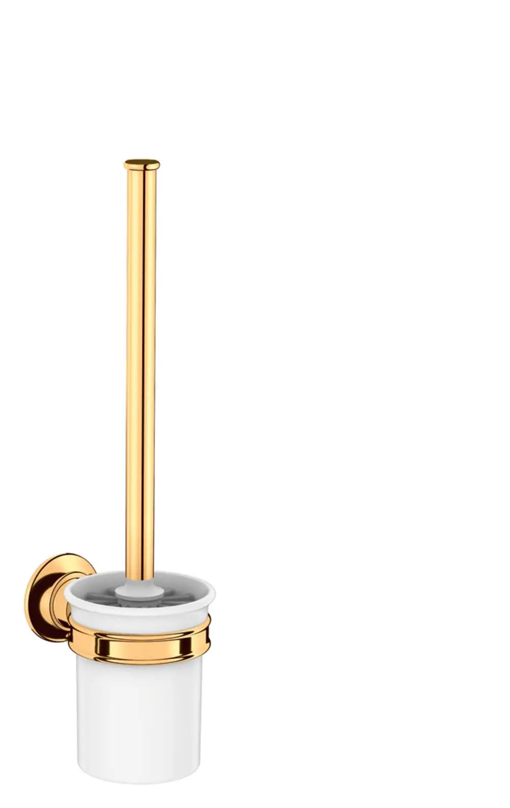 Toilettenbürstenhalter mit Wandmontage in glänzendem Gold von AXOR, bestehend aus einem langen Griff und einem weißen Behälter, der an der Wand befestigt ist.